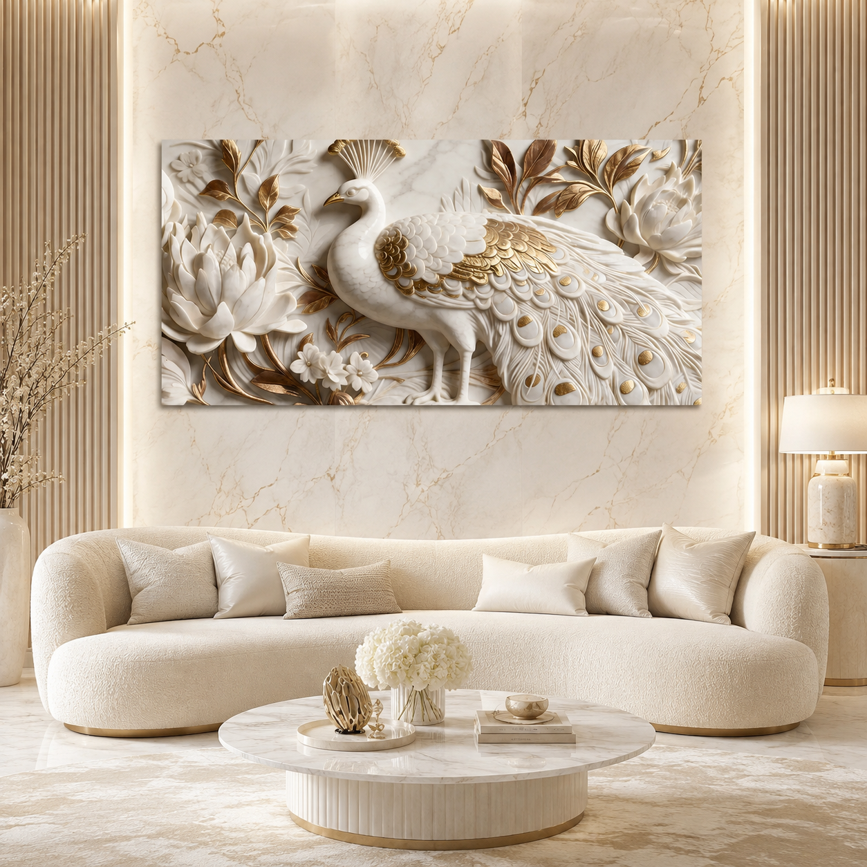Elegant Peacock 3D Canvas Painting with Lotus Flowers for Living Room Decor