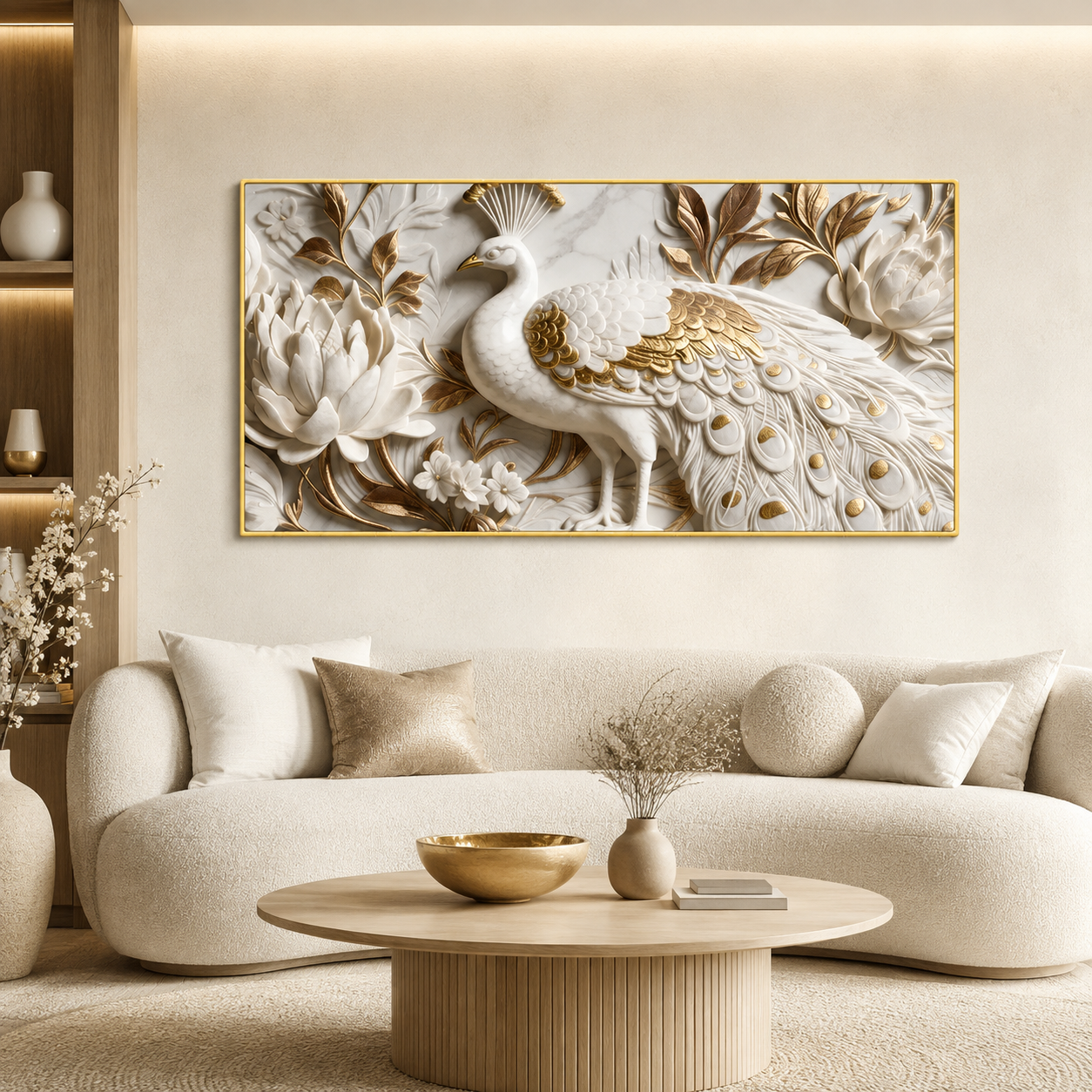 Elegant Peacock 3D Canvas Painting with Lotus Flowers for Living Room Decor