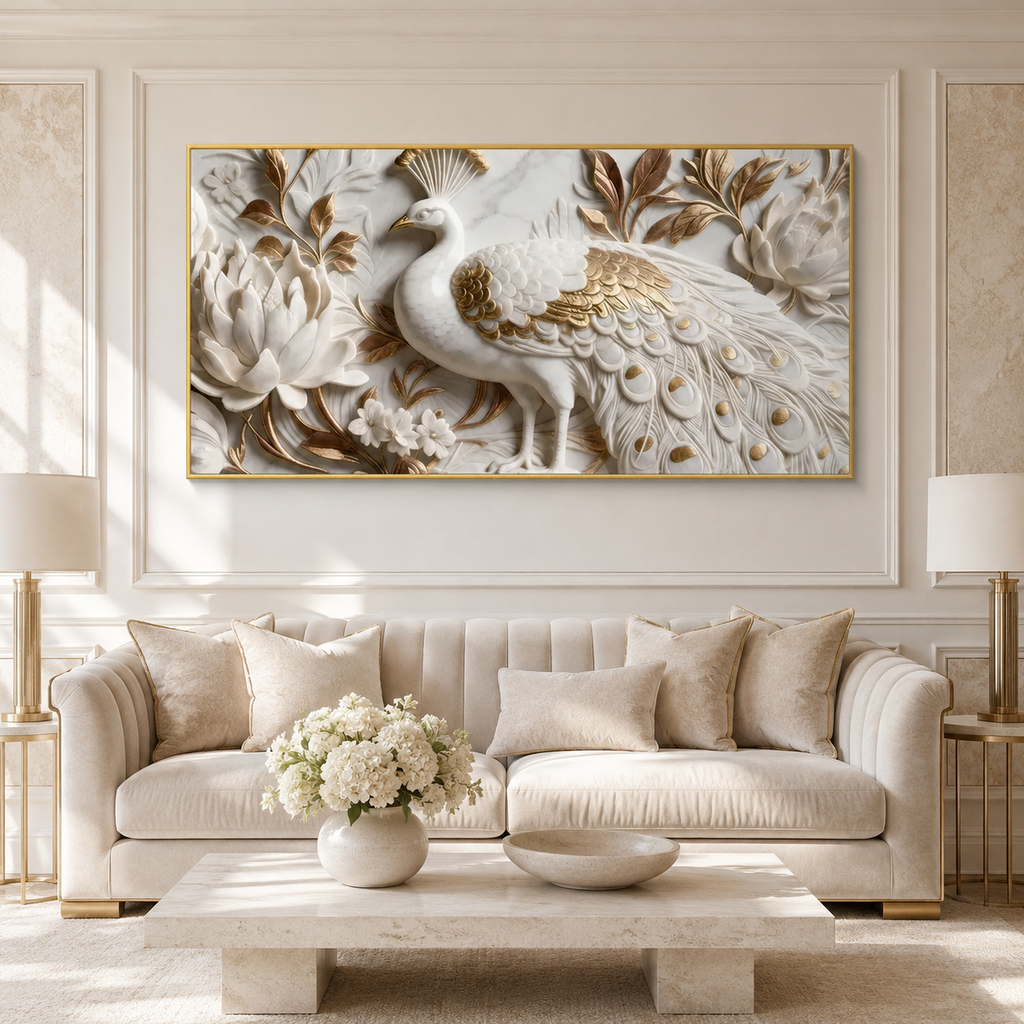 Elegant Peacock 3D Canvas Painting with Lotus Flowers for Living Room Decor