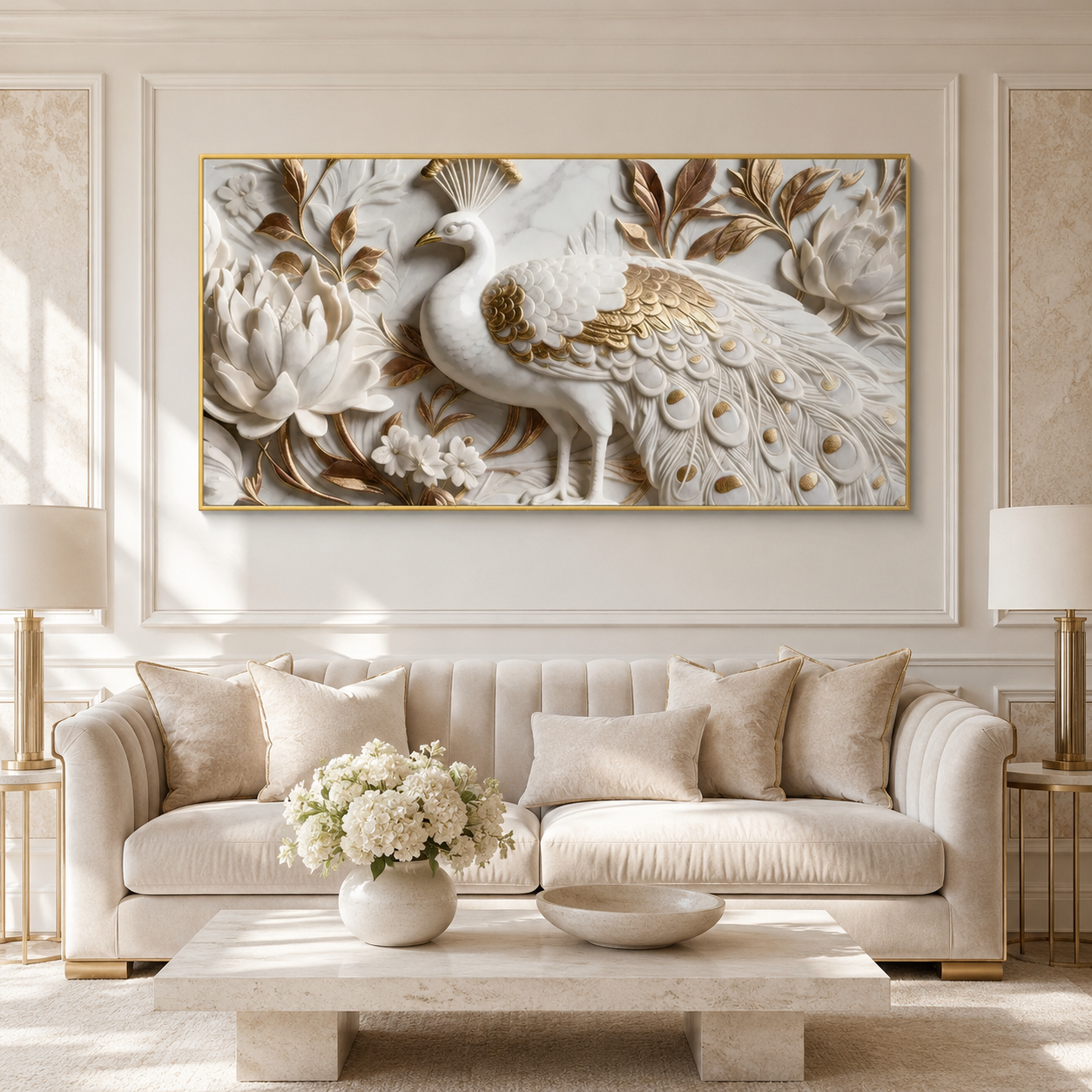 Elegant Peacock 3D Canvas Painting with Lotus Flowers for Living Room Decor