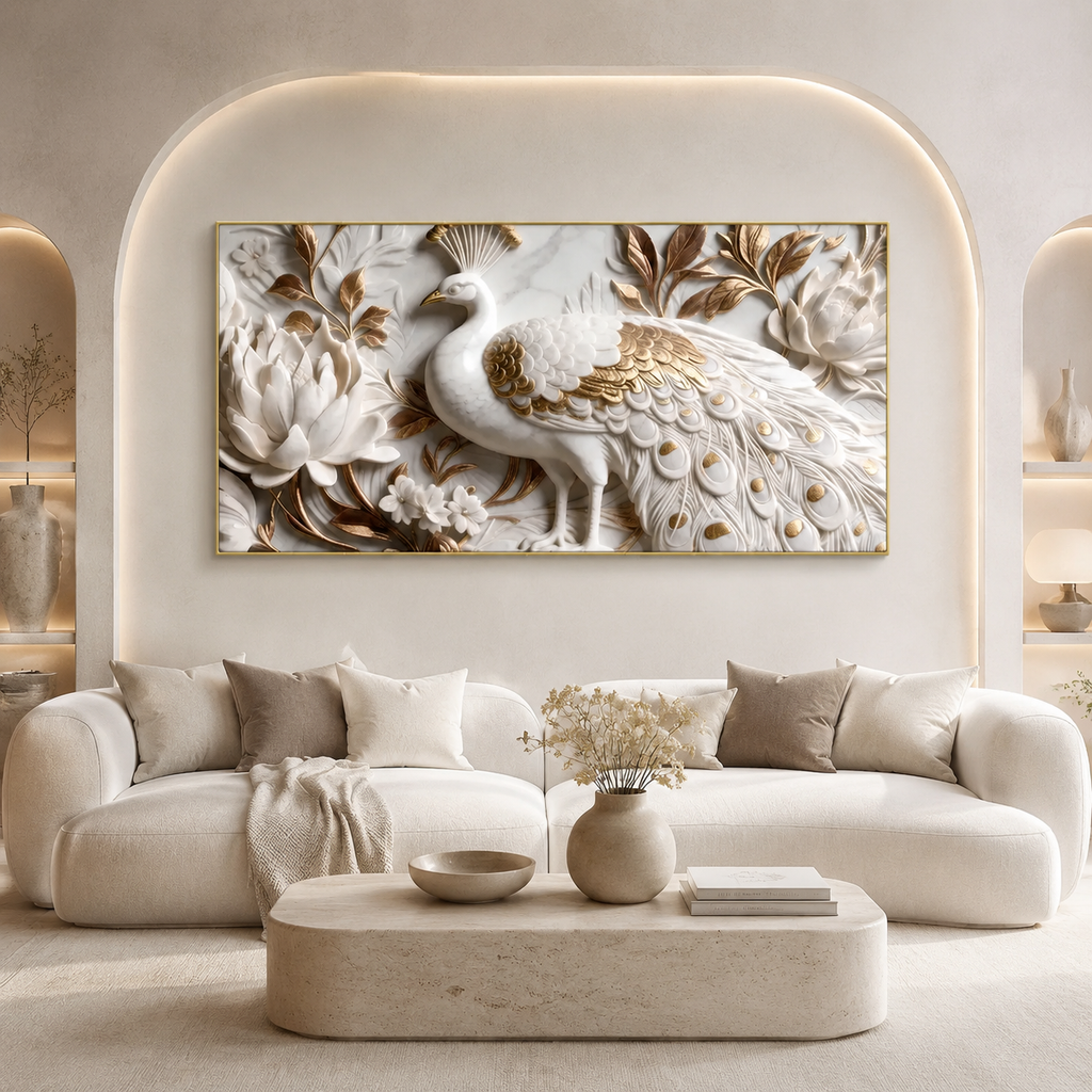 Elegant Peacock 3D Canvas Painting with Lotus Flowers for Living Room Decor