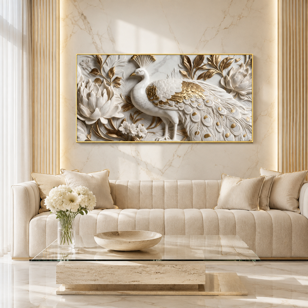 Elegant Peacock 3D Canvas Painting with Lotus Flowers for Living Room Decor