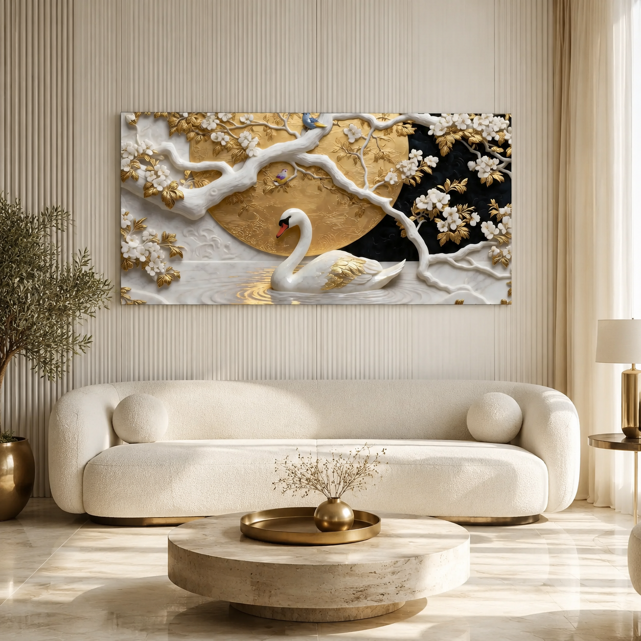 Elegant Swan 3D Canvas Painting with Gold Accents for Living Room Decor