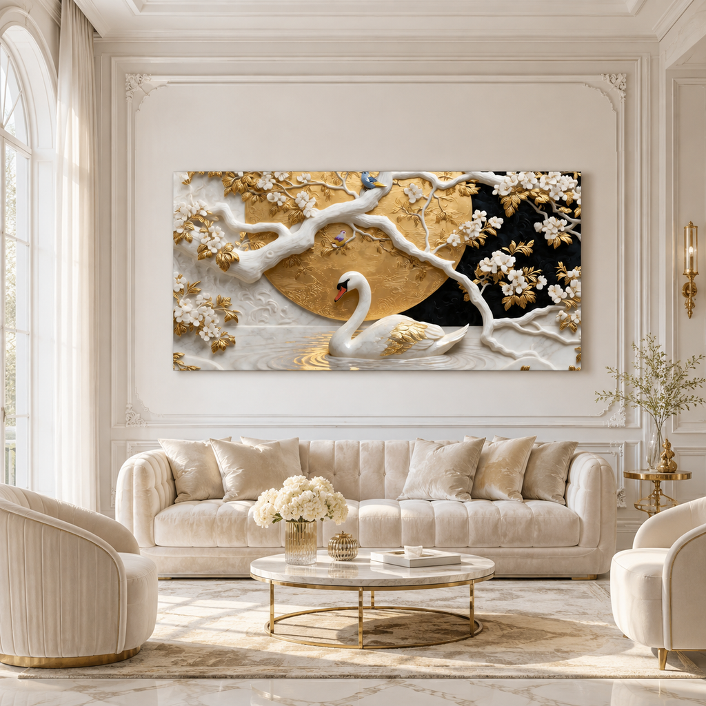 Elegant Swan 3D Canvas Painting with Gold Accents for Living Room Decor