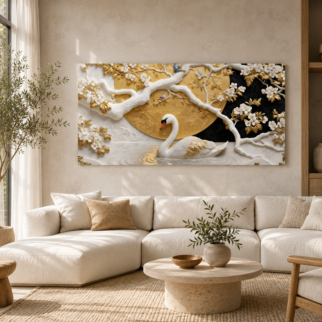 Elegant Swan 3D Canvas Painting with Gold Accents for Living Room Decor