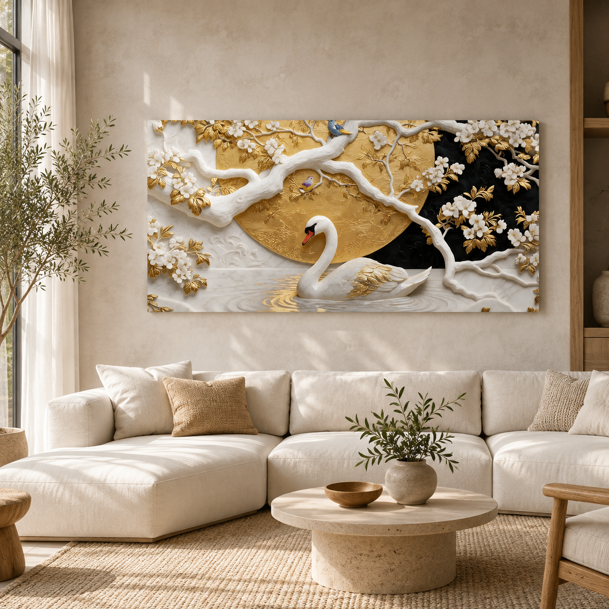 Elegant Swan 3D Canvas Painting with Gold Accents for Living Room Decor