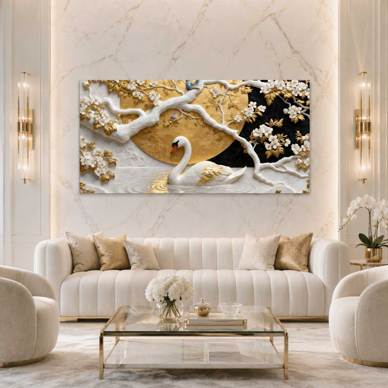 Elegant Swan 3D Canvas Painting with Gold Accents for Living Room Decor