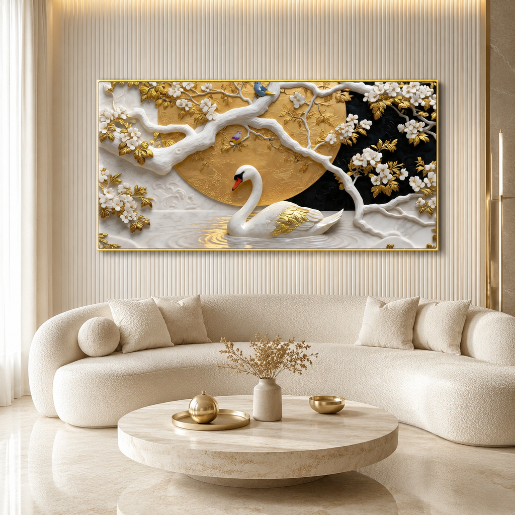 Elegant Swan 3D Canvas Painting with Gold Accents for Living Room Decor