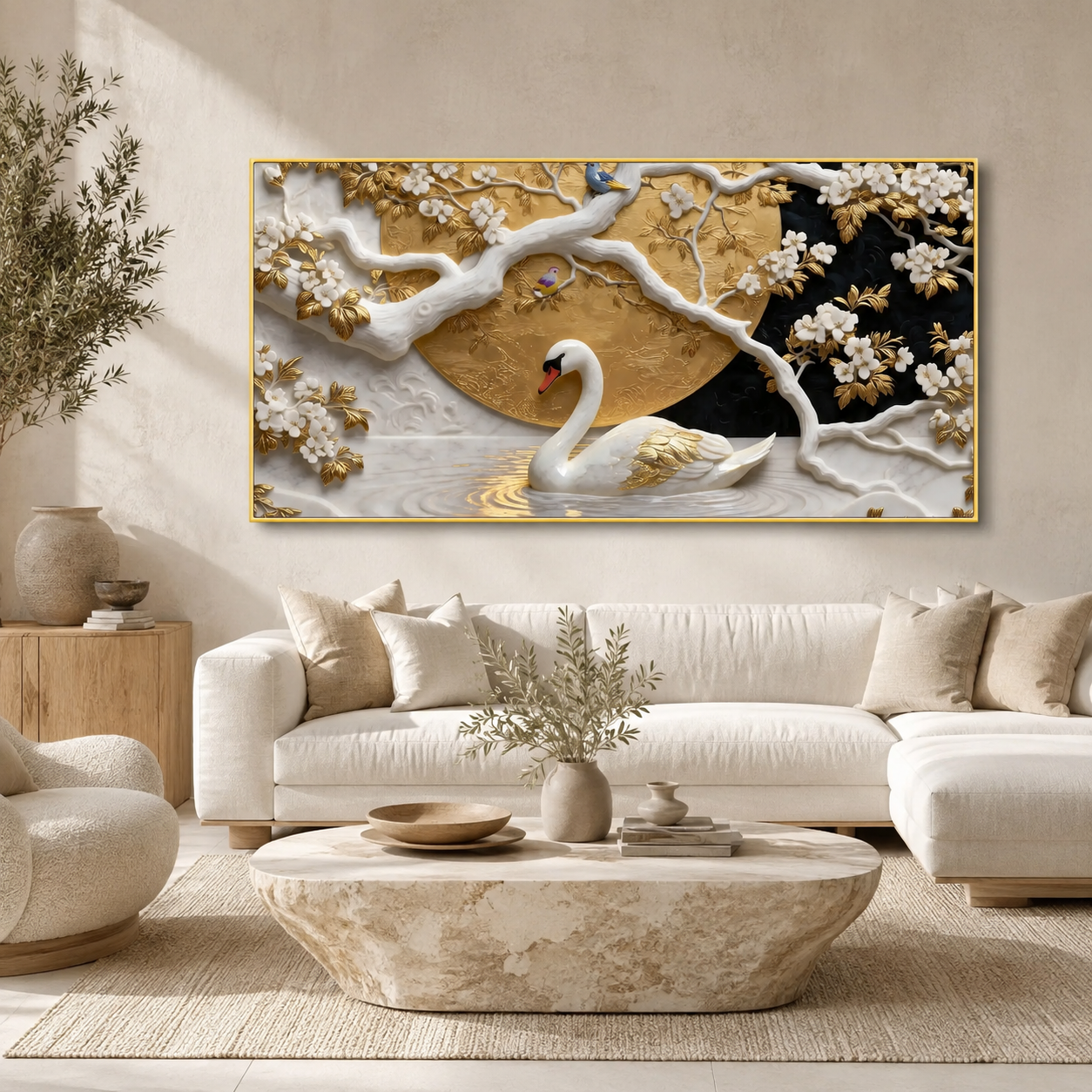 Elegant Swan 3D Canvas Painting with Gold Accents for Living Room Decor