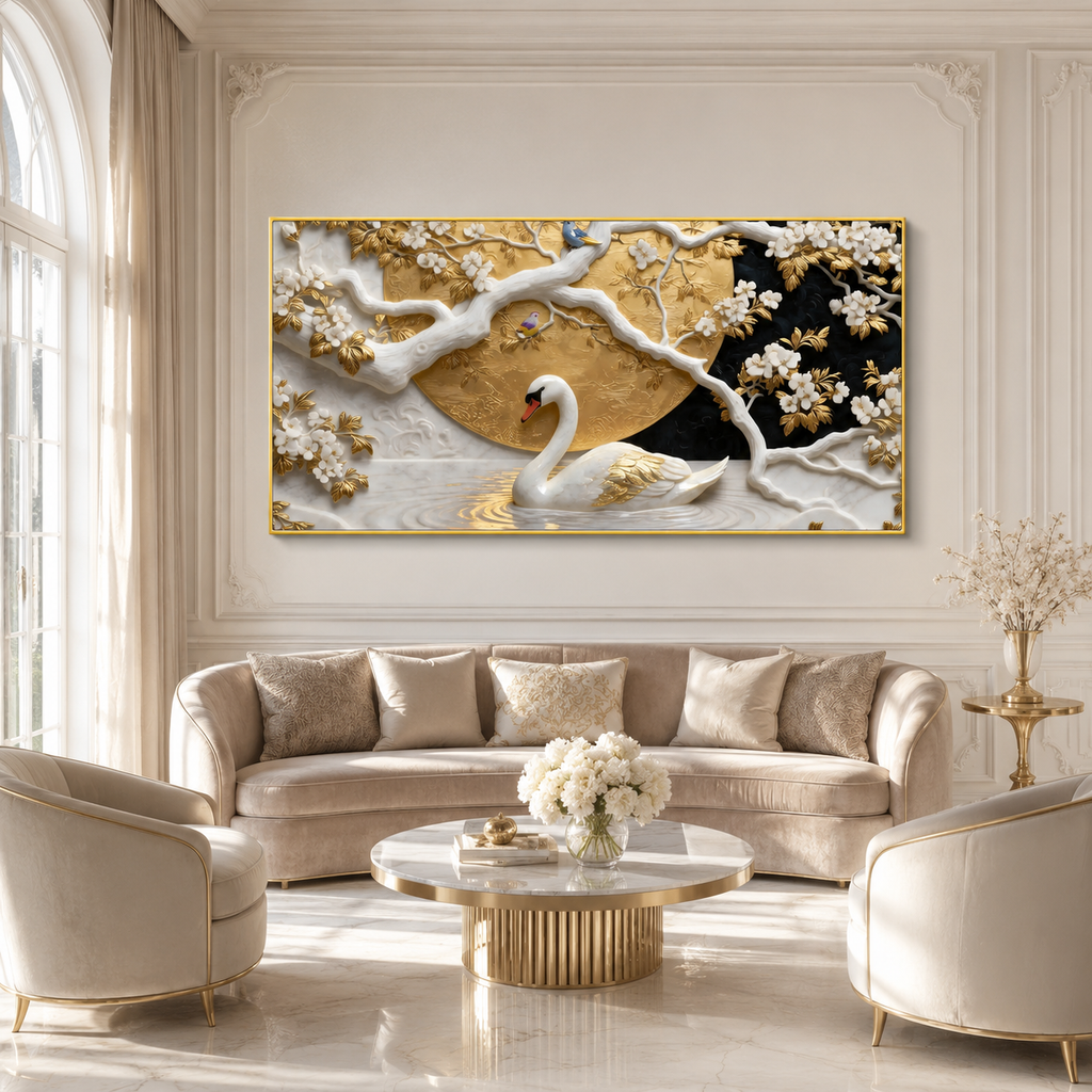 Elegant Swan 3D Canvas Painting with Gold Accents for Living Room Decor