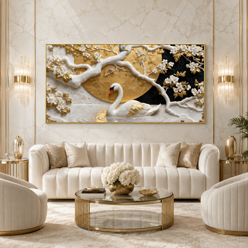 Elegant Swan 3D Canvas Painting with Gold Accents for Living Room Decor