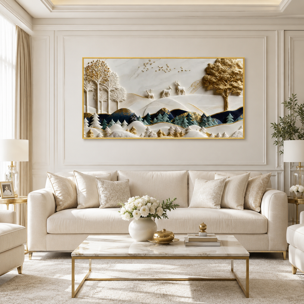 Luxury 3D Mountain Landscape Wall Painting with Forest Trees, Deer and Golden Artistic Details