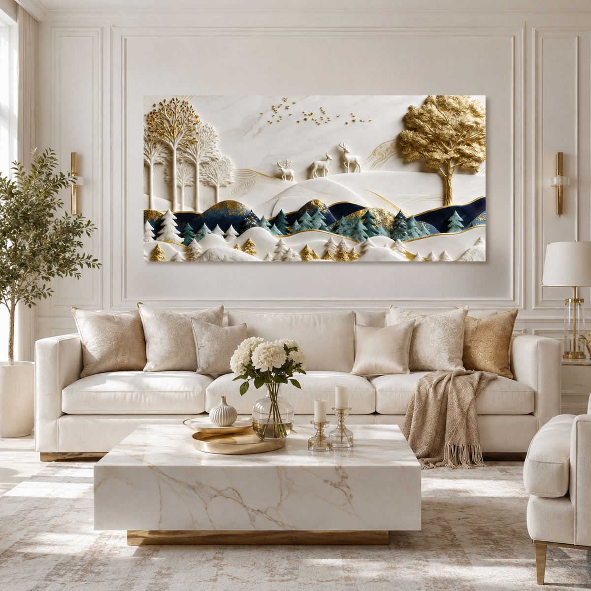Luxury 3D Mountain Landscape Wall Painting with Forest Trees, Deer and Golden Artistic Details