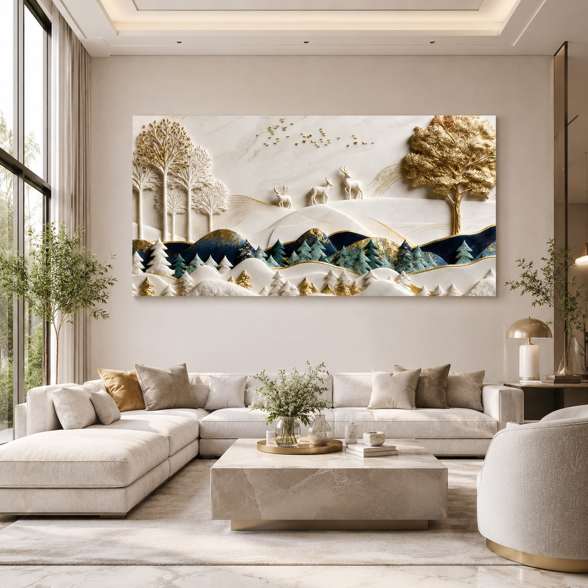 Luxury 3D Mountain Landscape Wall Painting with Forest Trees, Deer and Golden Artistic Details