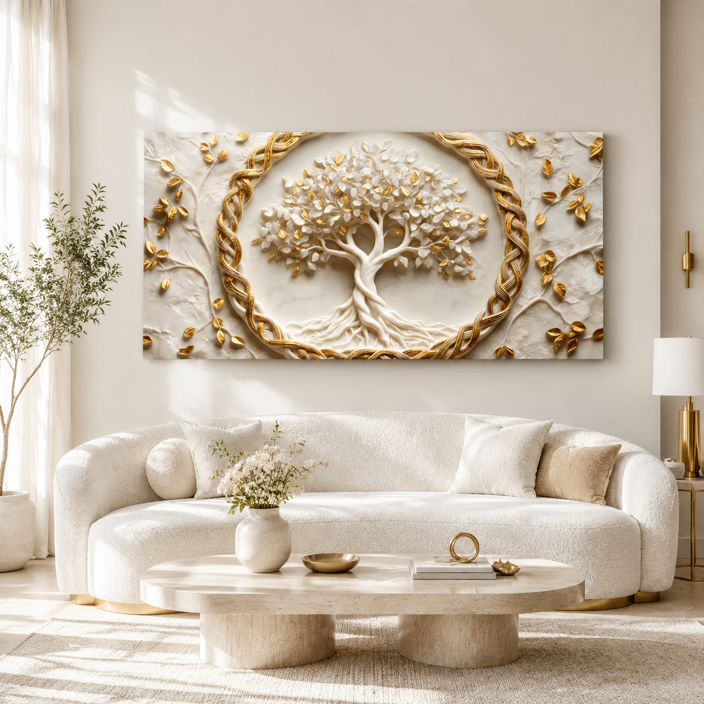 Spiritual Tree of Life 3D Painting with Golden Leaves for Elegant Home Decor