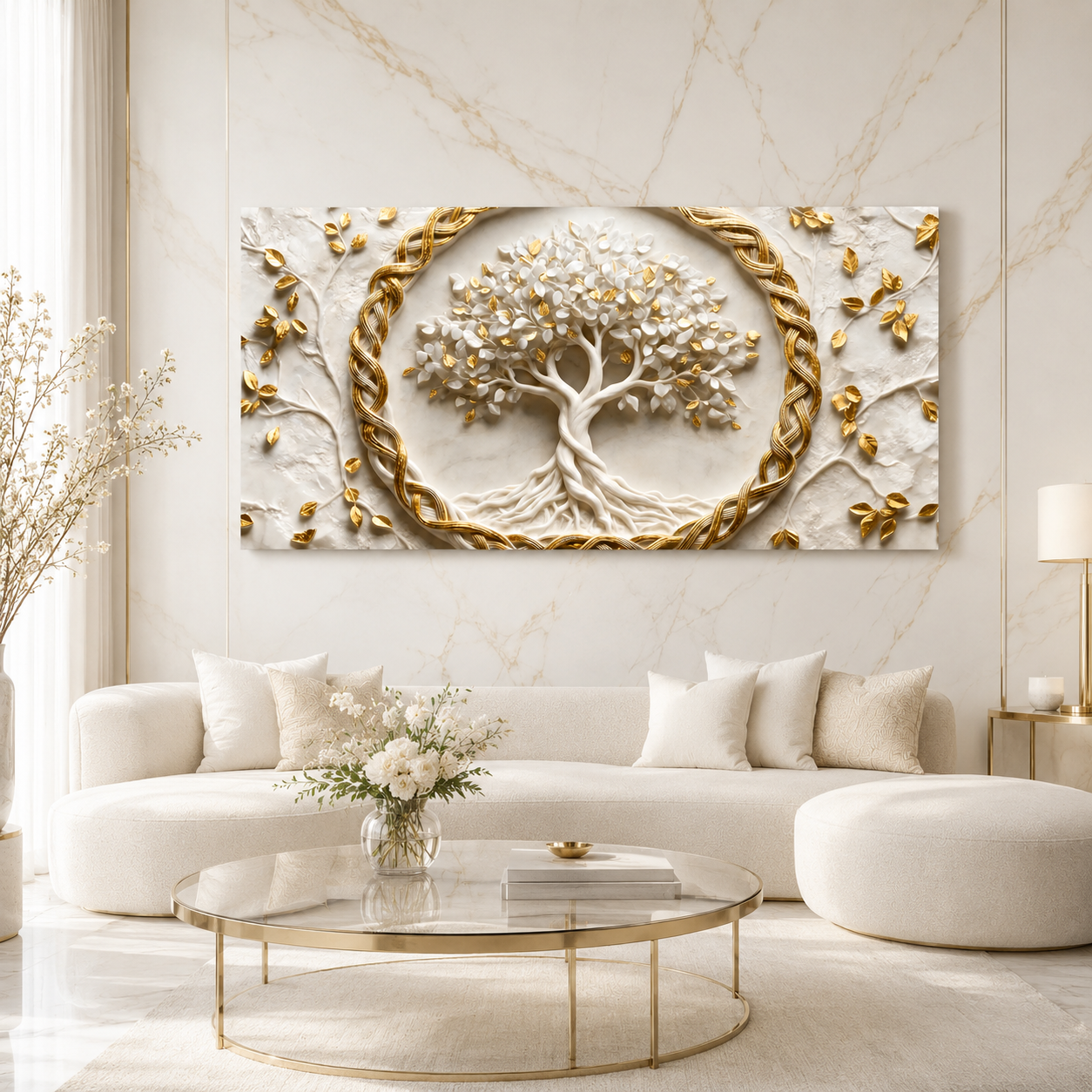 Spiritual Tree of Life 3D Painting with Golden Leaves for Elegant Home Decor