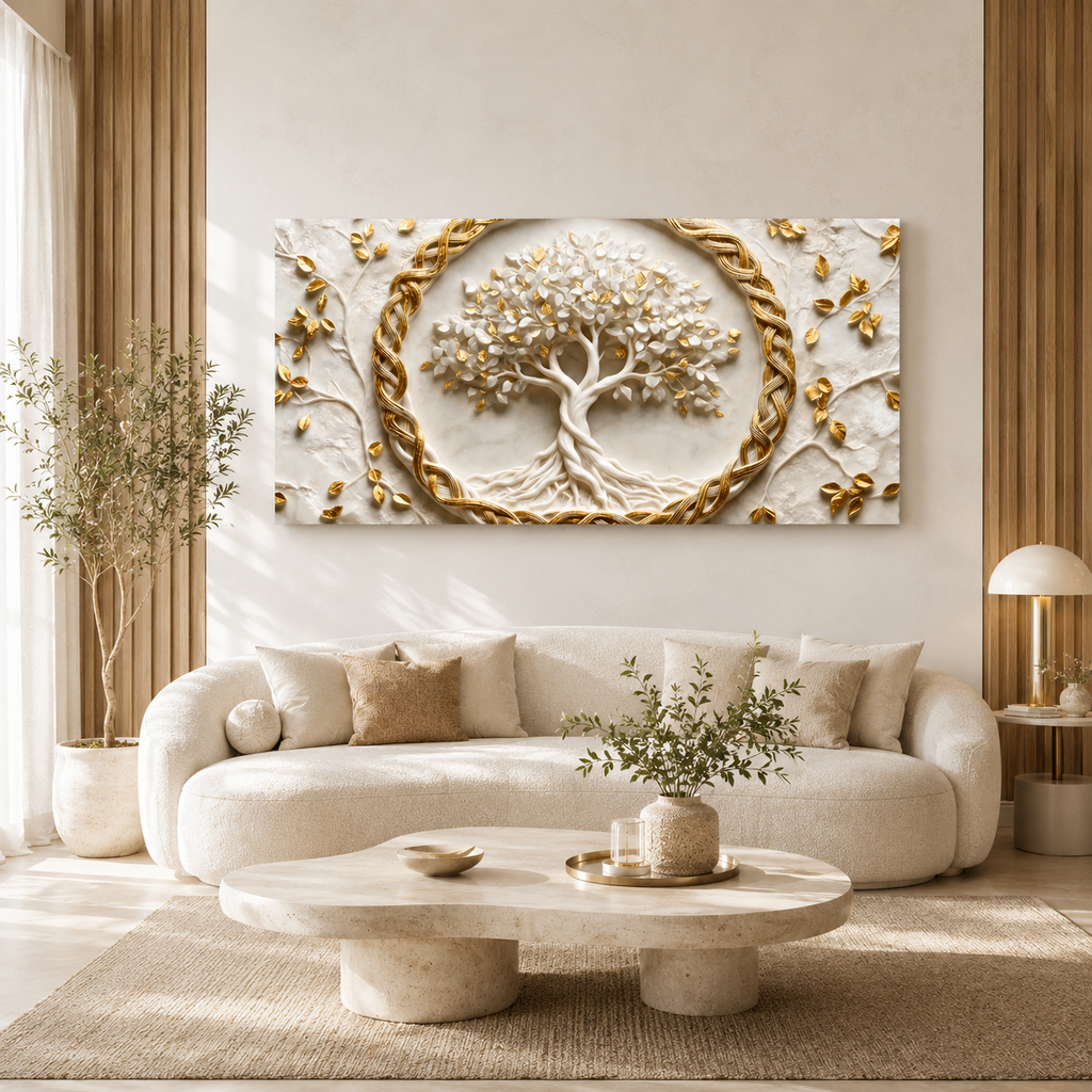 Spiritual Tree of Life 3D Painting with Golden Leaves for Elegant Home Decor