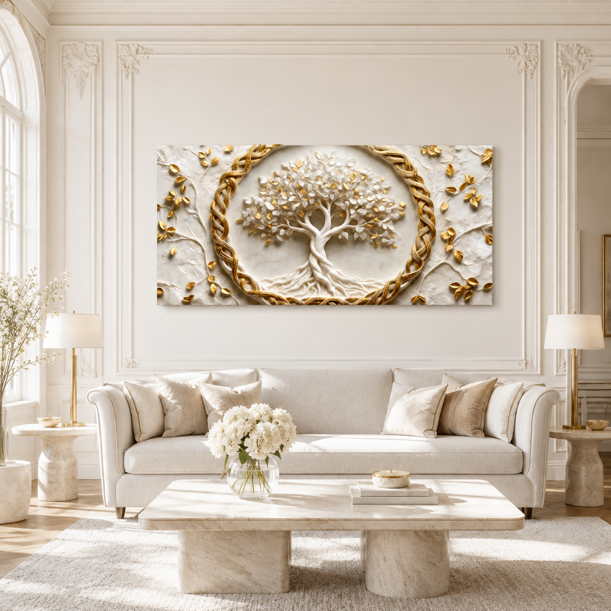 Spiritual Tree of Life 3D Painting with Golden Leaves for Elegant Home Decor
