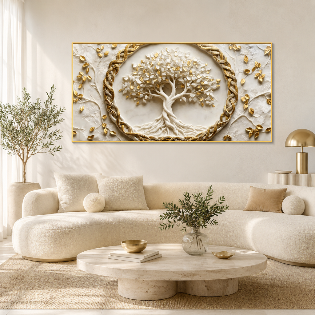 Spiritual Tree of Life 3D Painting with Golden Leaves for Elegant Home Decor