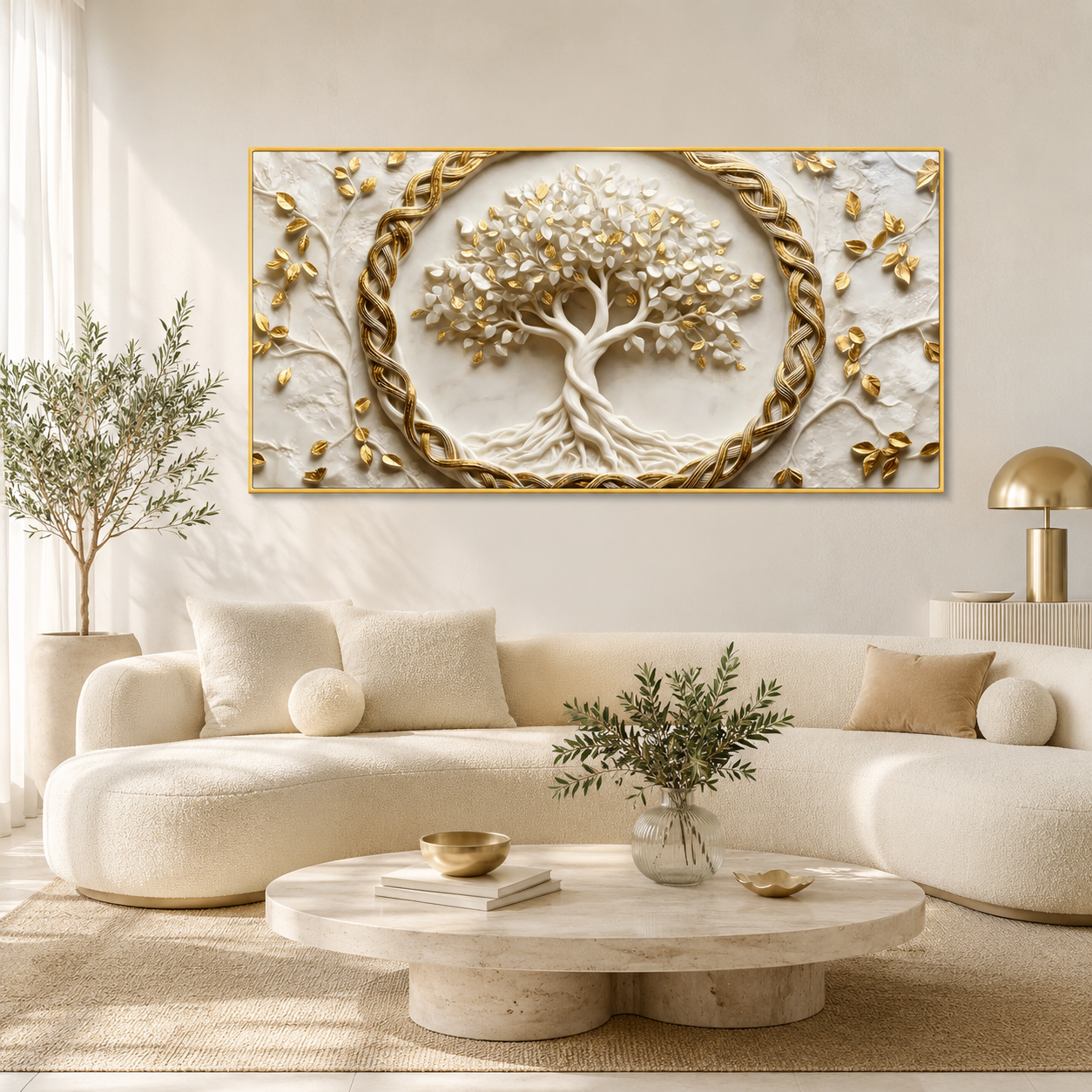 Spiritual Tree of Life 3D Painting with Golden Leaves for Elegant Home Decor