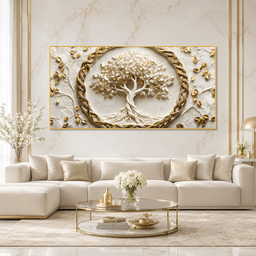 Spiritual Tree of Life 3D Painting with Golden Leaves for Elegant Home Decor