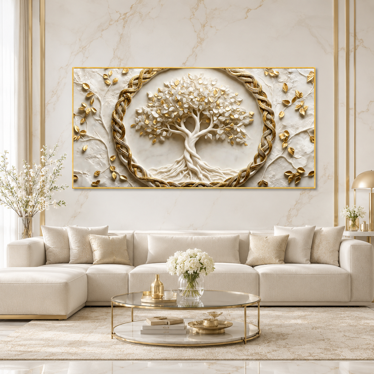 Spiritual Tree of Life 3D Painting with Golden Leaves for Elegant Home Decor