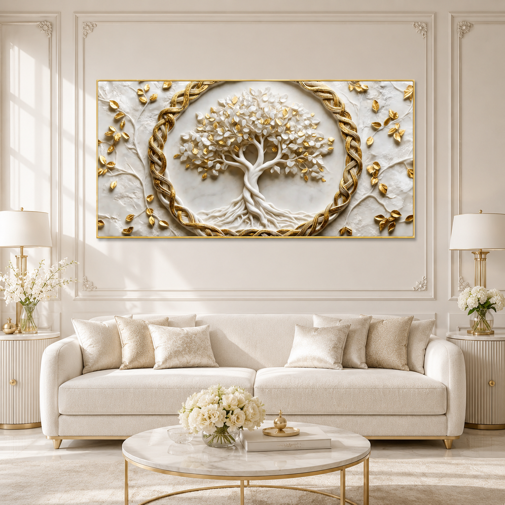 Spiritual Tree of Life 3D Painting with Golden Leaves for Elegant Home Decor