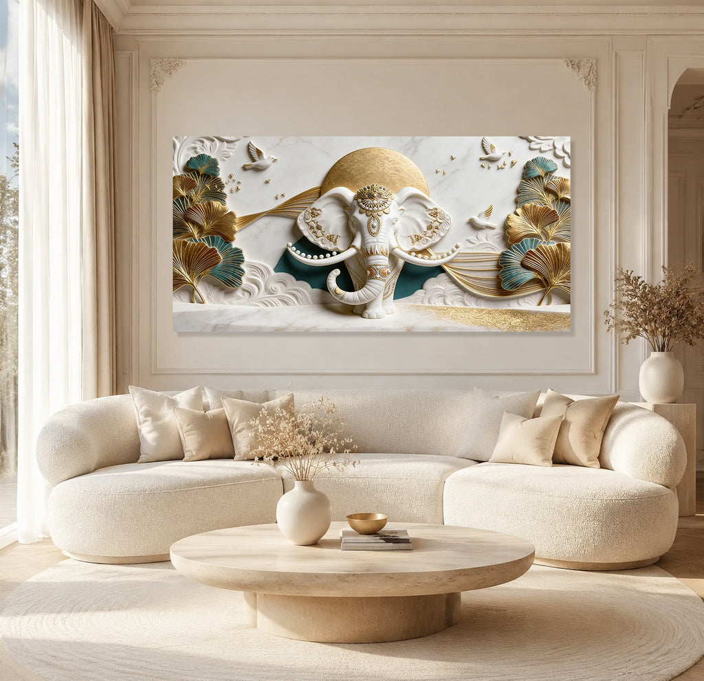 Designer Ganesha 3D Wall Art with Golden Leaves for Modern Home Decor