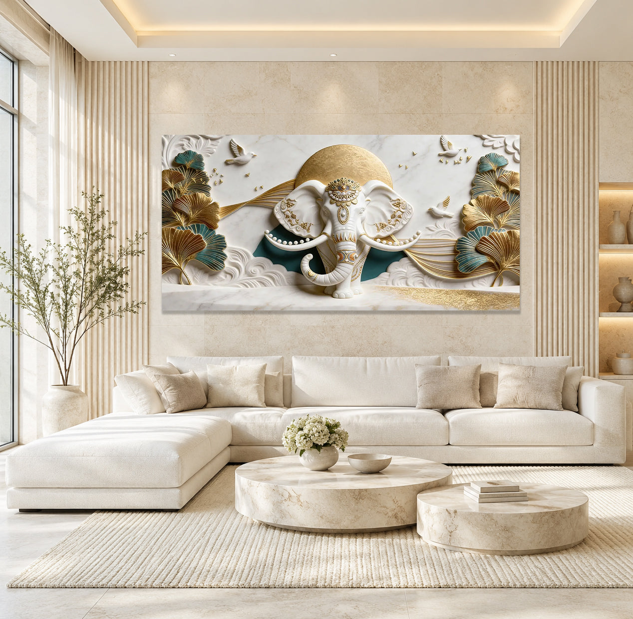 Designer Ganesha 3D Wall Art with Golden Leaves for Modern Home Decor