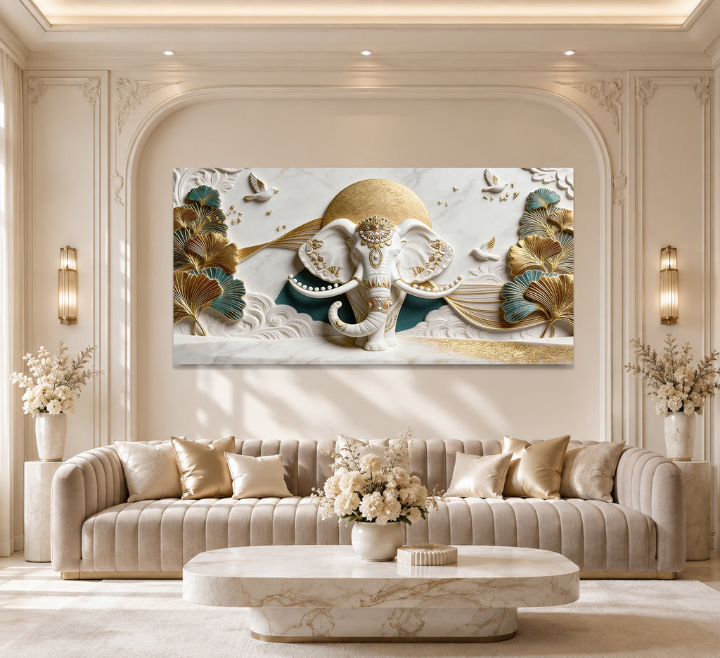 Designer Ganesha 3D Wall Art with Golden Leaves for Modern Home Decor