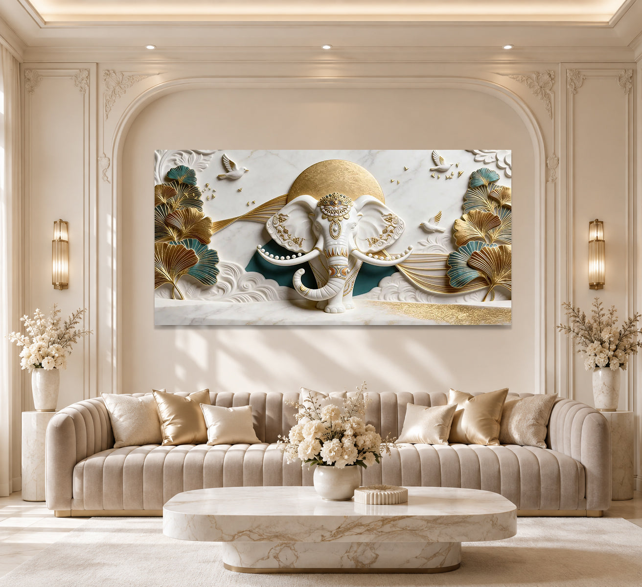 Designer Ganesha 3D Wall Art with Golden Leaves for Modern Home Decor