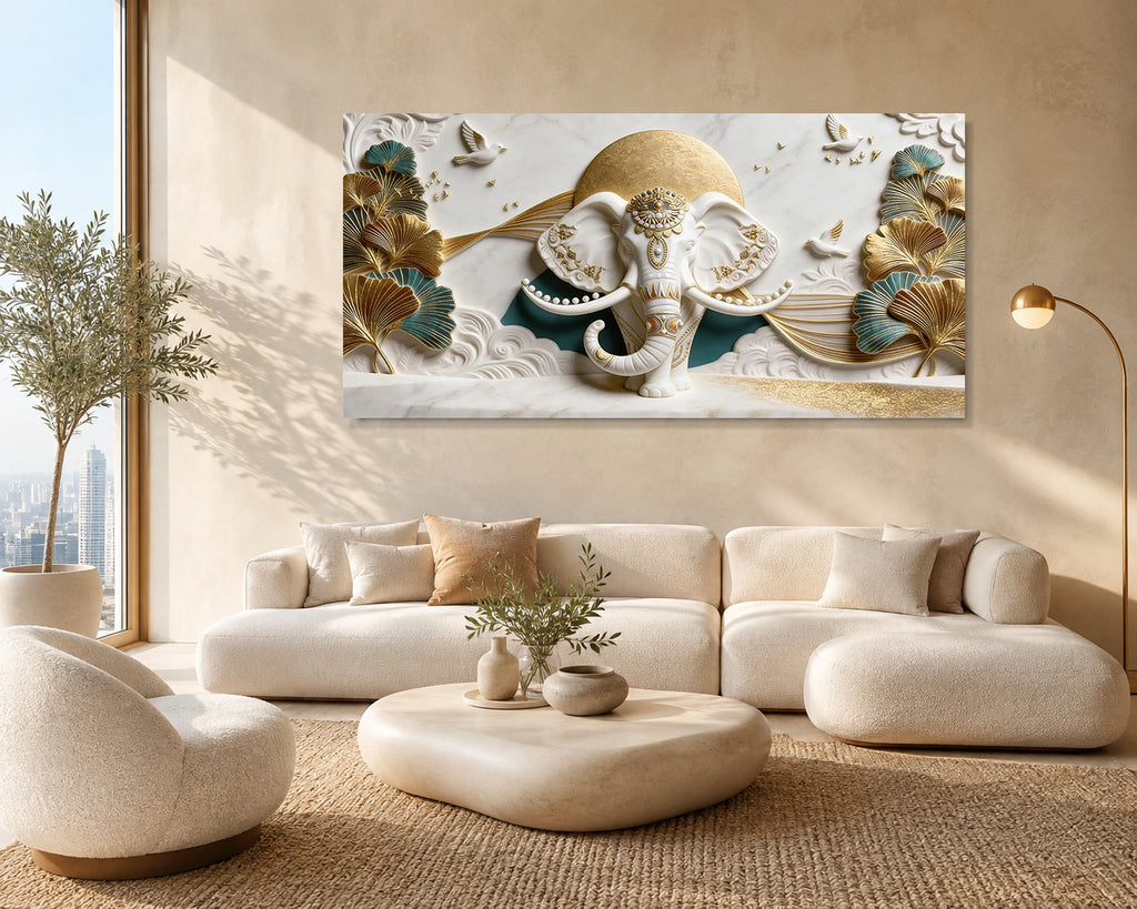 Designer Ganesha 3D Wall Art with Golden Leaves for Modern Home Decor