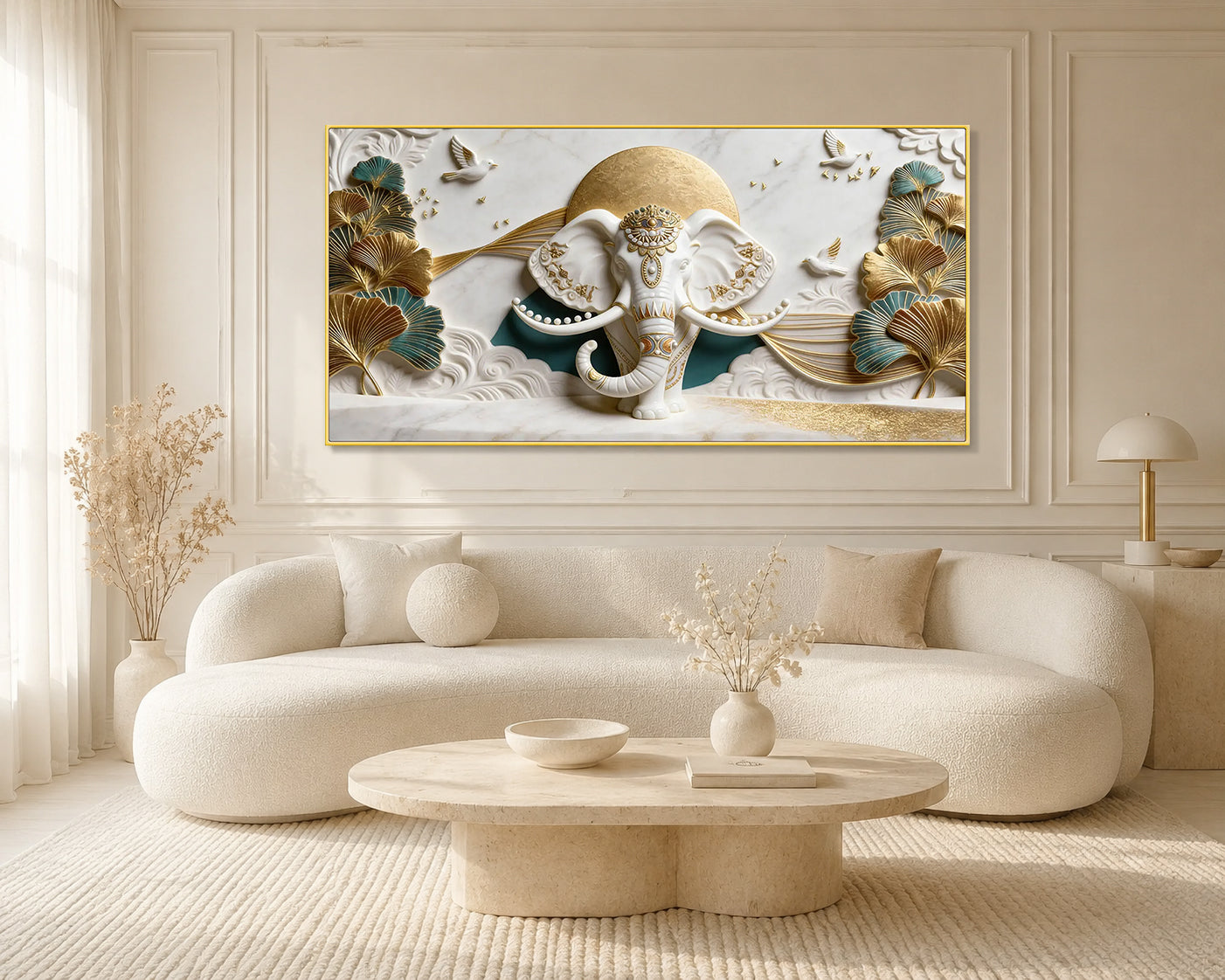 Designer Ganesha 3D Wall Art with Golden Leaves for Modern Home Decor