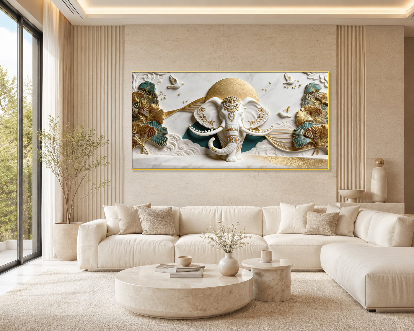 Designer Ganesha 3D Wall Art with Golden Leaves for Modern Home Decor