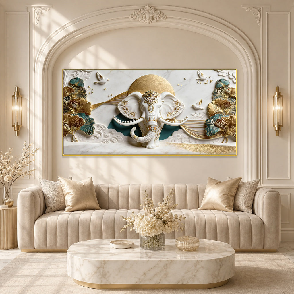 Designer Ganesha 3D Wall Art with Golden Leaves for Modern Home Decor