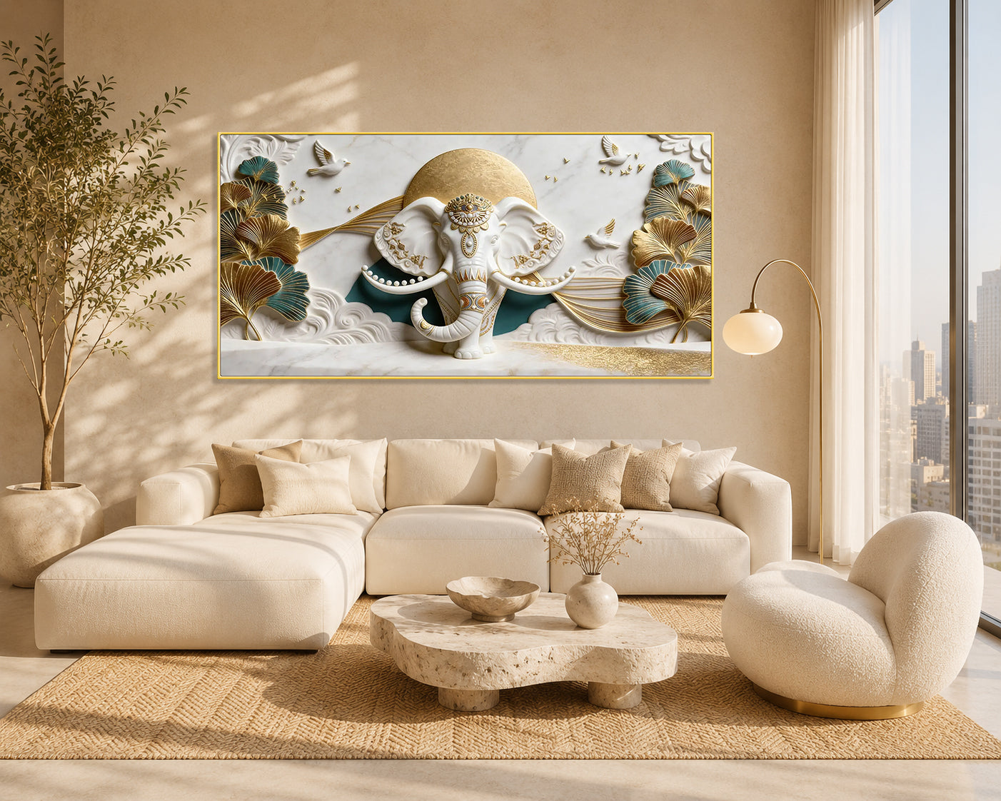 Designer Ganesha 3D Wall Art with Golden Leaves for Modern Home Decor