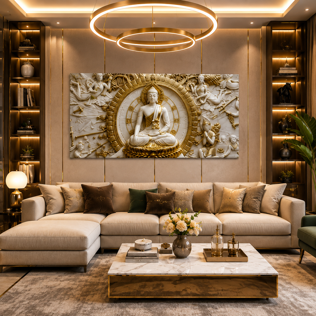 Minimalist Luxury 3D Marble Texture Wall Art Golden Buddha Canvas Painting