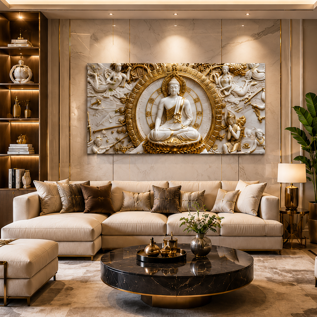 Minimalist Luxury 3D Marble Texture Wall Art Golden Buddha Canvas Painting