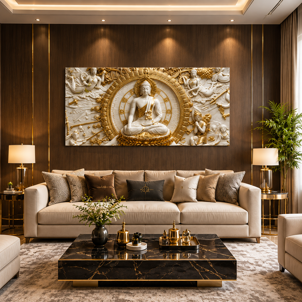 Minimalist Luxury 3D Marble Texture Wall Art Golden Buddha Canvas Painting
