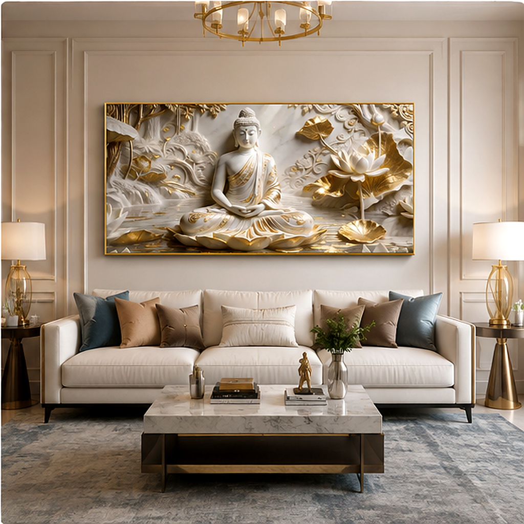 Minimalist Luxury 3D Marble Texture Wall Art Golden Buddha Canvas Painting