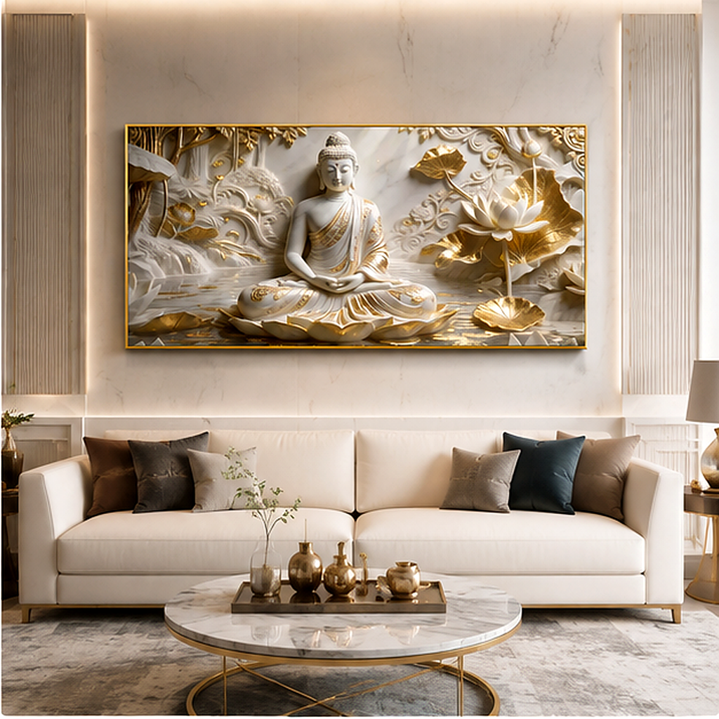 Minimalist Luxury 3D Marble Texture Wall Art Golden Buddha Canvas Painting