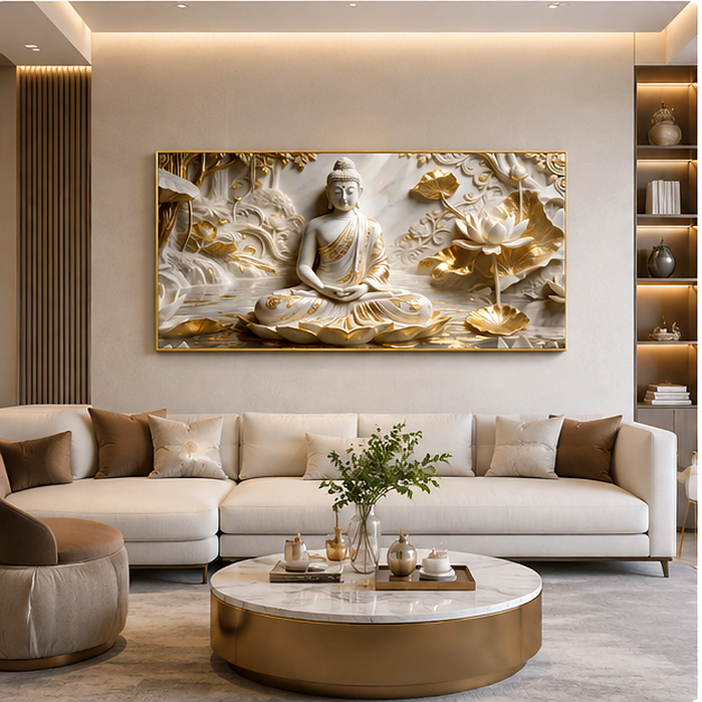 Minimalist Luxury 3D Marble Texture Wall Art Golden Buddha Canvas Painting
