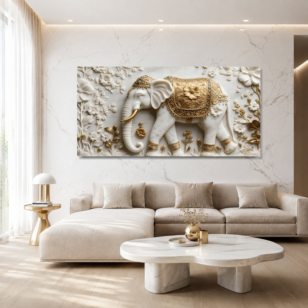 White Marble Royal Elephant 3D Carved Wall Relief Hanging Canvas Art Print