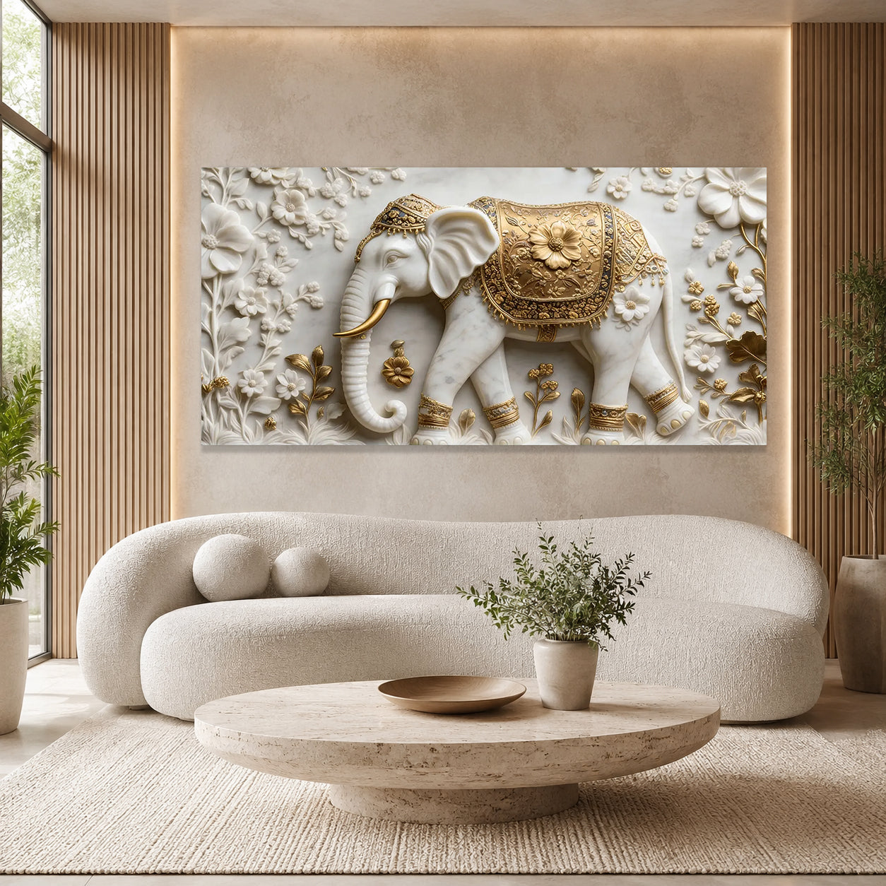 White Marble Royal Elephant 3D Carved Wall Relief Hanging Canvas Art Print