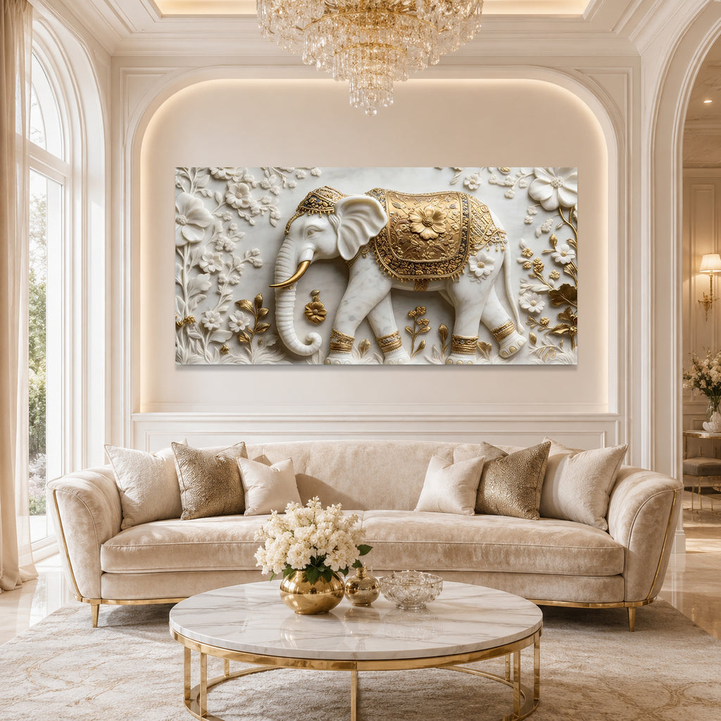 White Marble Royal Elephant 3D Carved Wall Relief Hanging Canvas Art Print