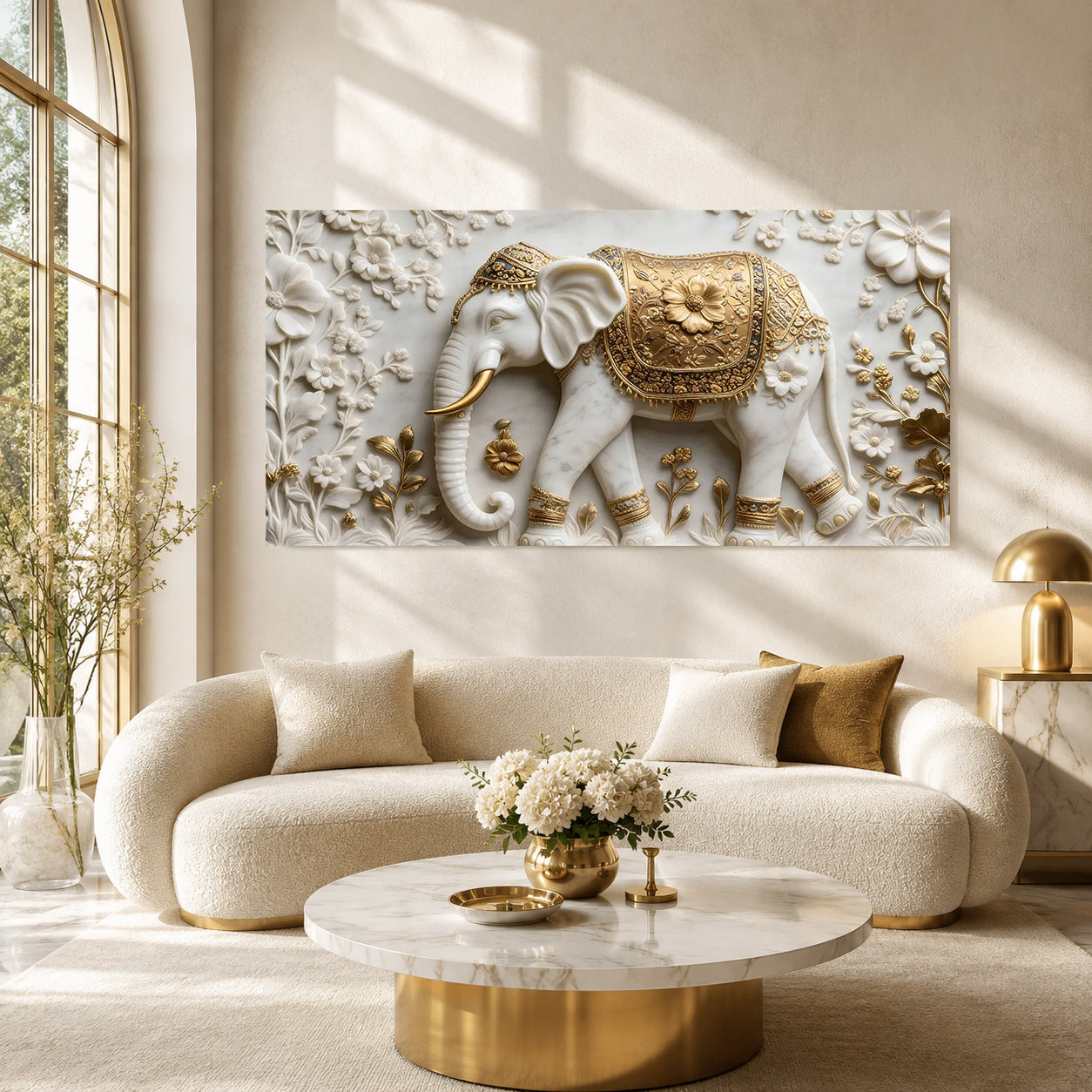 White Marble Royal Elephant 3D Carved Wall Relief Hanging Canvas Art Print