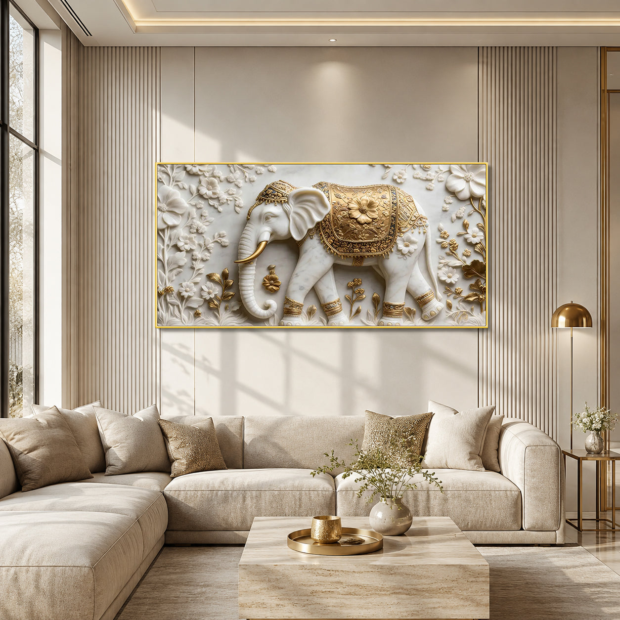 White Marble Royal Elephant 3D Carved Wall Relief Hanging Canvas Art Print