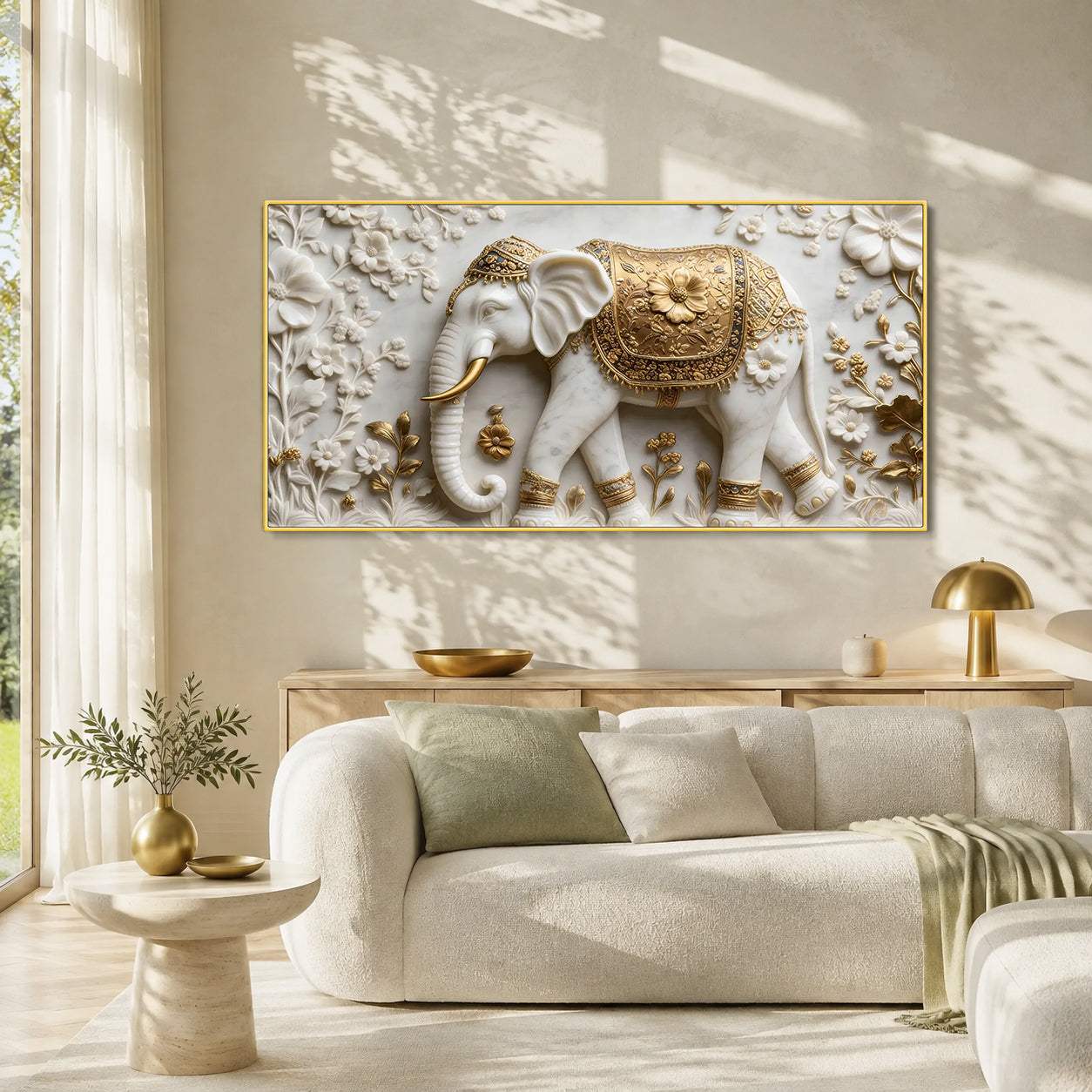 White Marble Royal Elephant 3D Carved Wall Relief Hanging Canvas Art Print