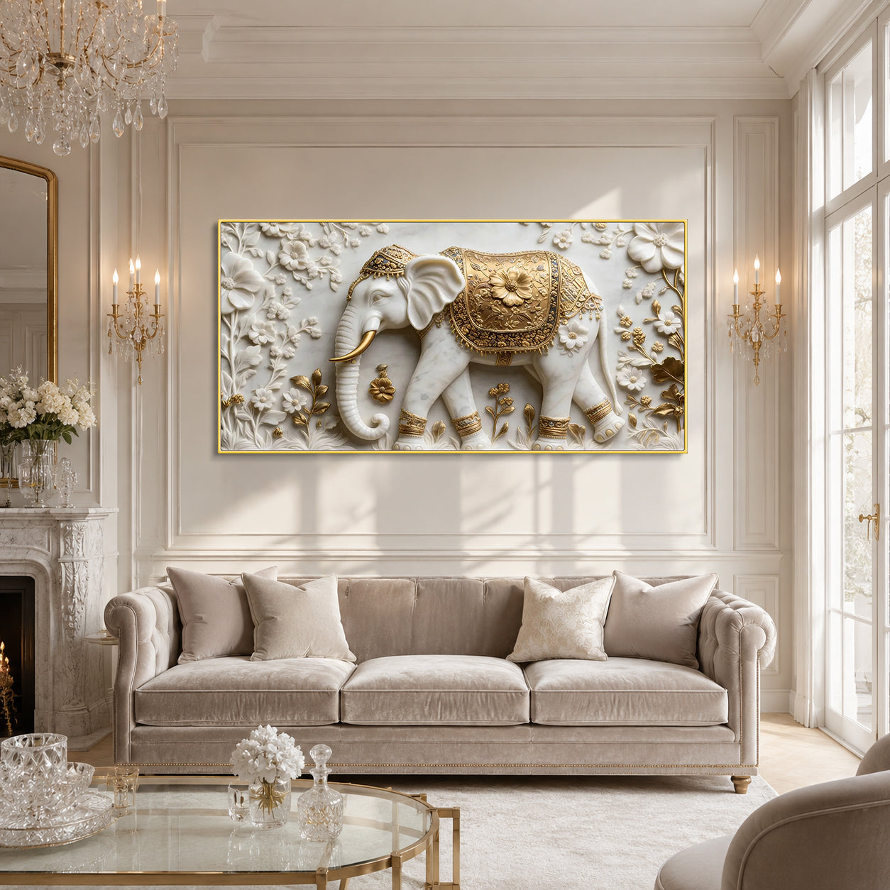 White Marble Royal Elephant 3D Carved Wall Relief Hanging Canvas Art Print