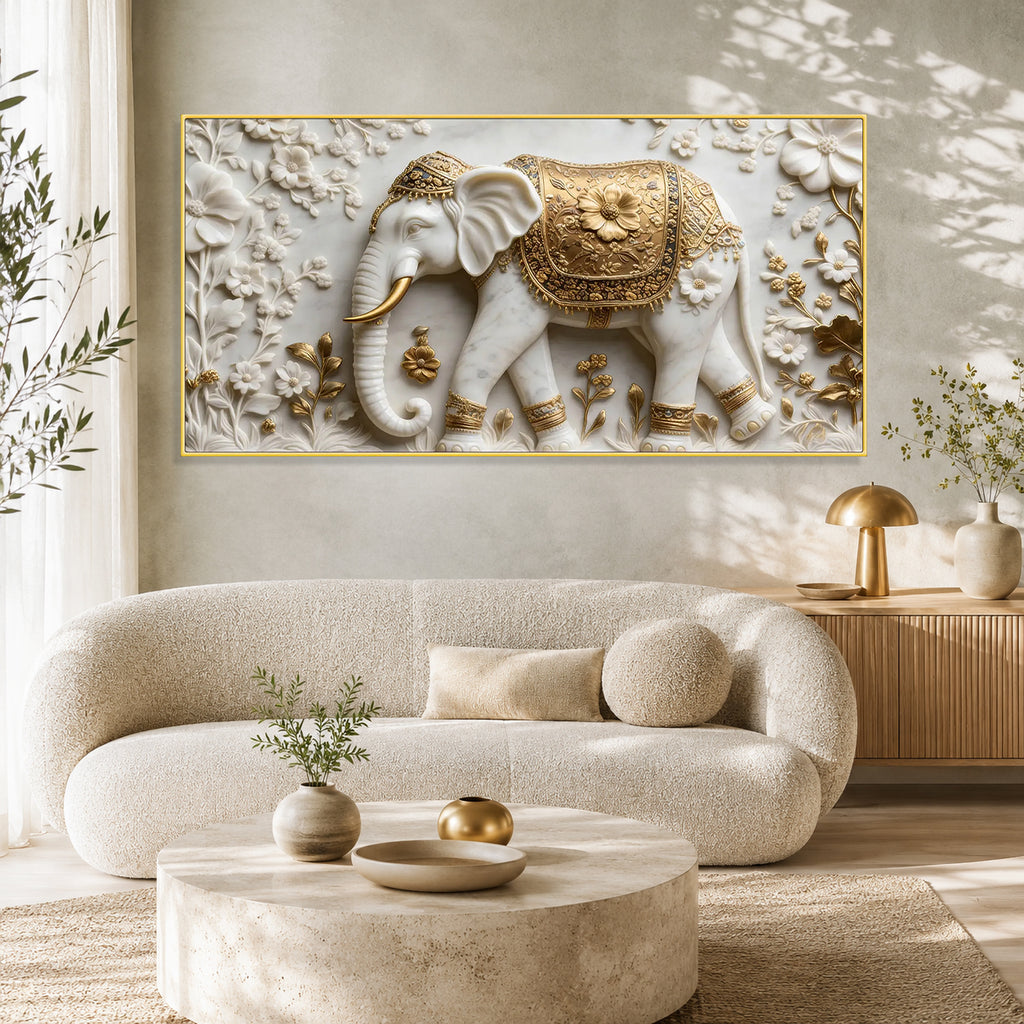 White Marble Royal Elephant 3D Carved Wall Relief Hanging Canvas Art Print